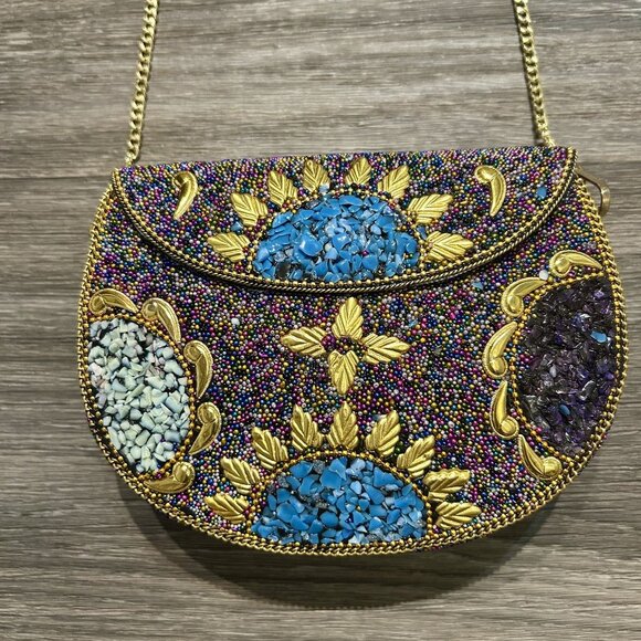 Ramla Beaded Clutch Purple Multicolor Mosaic Chain Strap Handmade NEW Prom - Picture 6 of 15